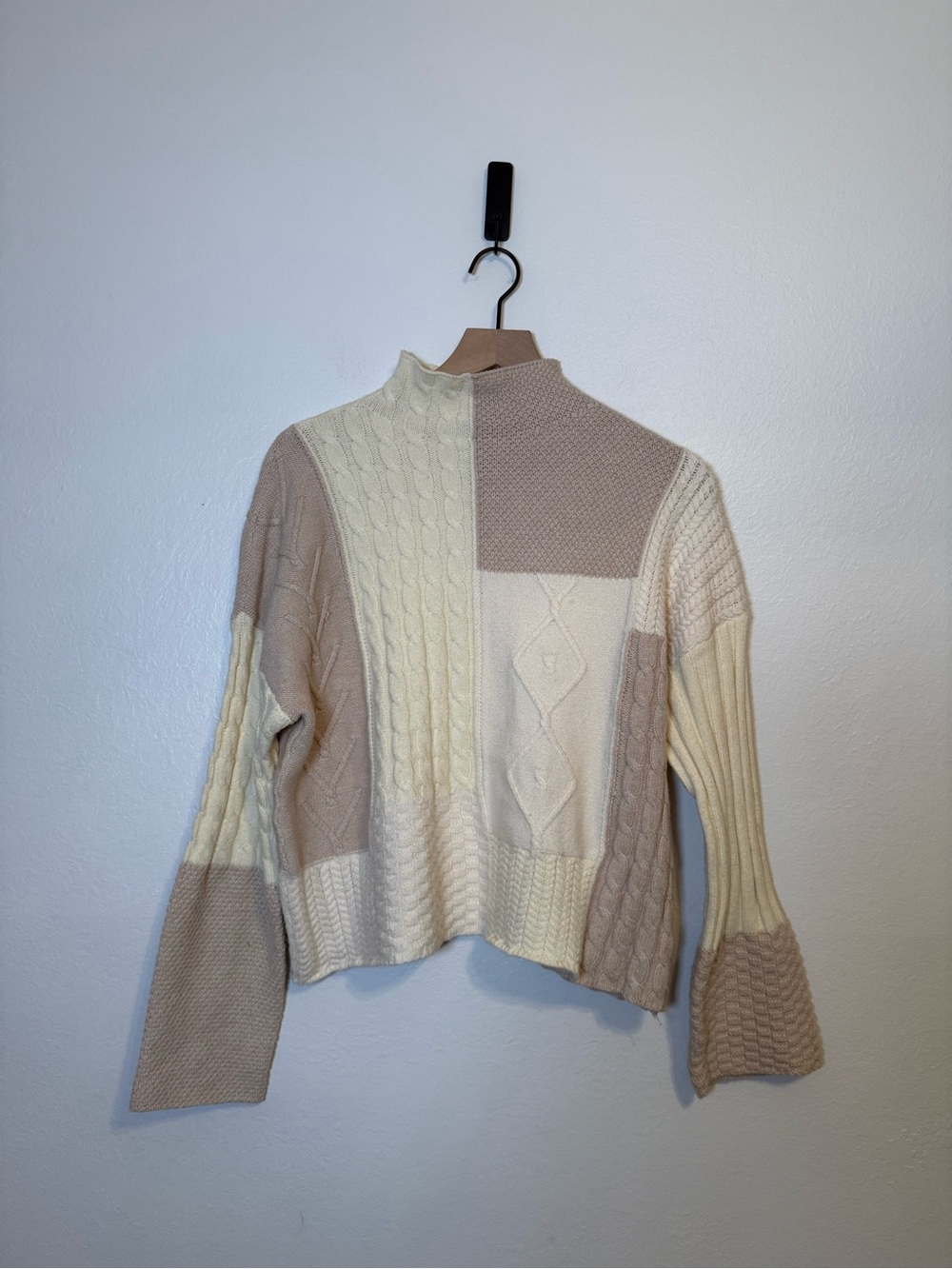 Cental Park West Mock Neck Patchwork Cable Knit Sweater